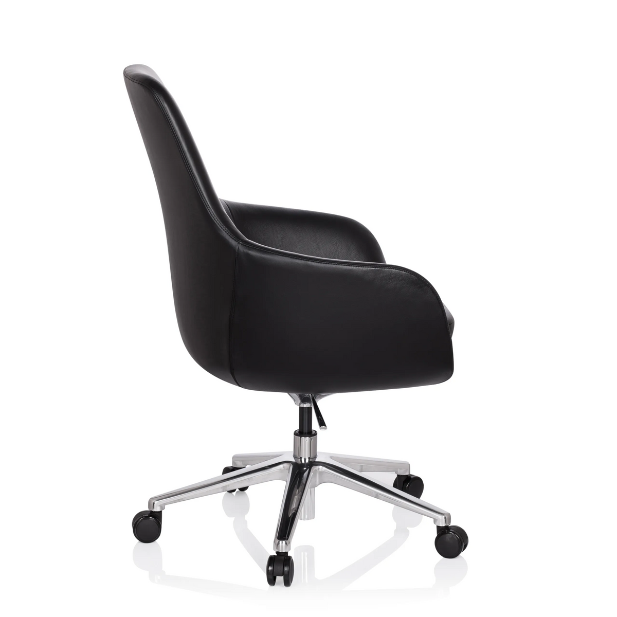 Sillón de oficina profesional BARENO negro con tapizado de cuero y base de cinco ruedas de hjh OFFICE – vista de 360° (vista lateral 100°)