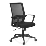 Silla Home Office PRESTON negra con respaldo de malla y base de cinco ruedas de hjh OFFICE – vista de 360° (vista frontal en diagonal 40°)