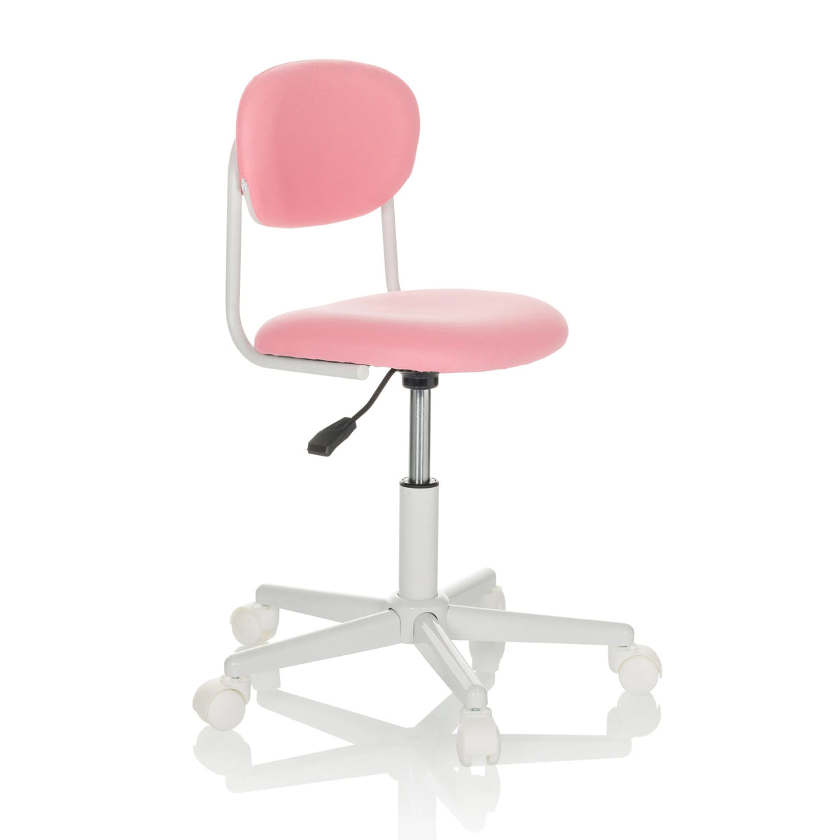 Silla giratoria para niños KIDDY BASE I en color rosa con base de estrella y cinco ruedas de hjh OFFICE – vista de 360° (vista frontal en diagonal 45°)