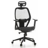 Silla de oficina profesional AIR-PORT negra con respaldo de malla, reposacabezas y base de cinco ruedas de hjh OFFICE – vista de 360° (vista frontal 20°)