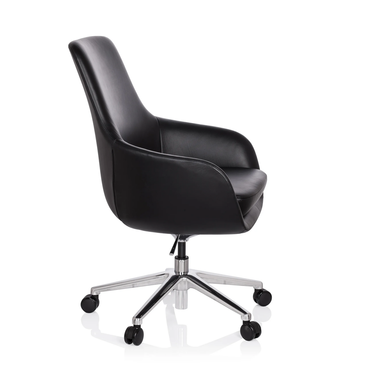 Sillón de oficina profesional BARENO negro con tapizado de cuero y base de cinco ruedas de hjh OFFICE – vista de 360° (vista lateral 80°)