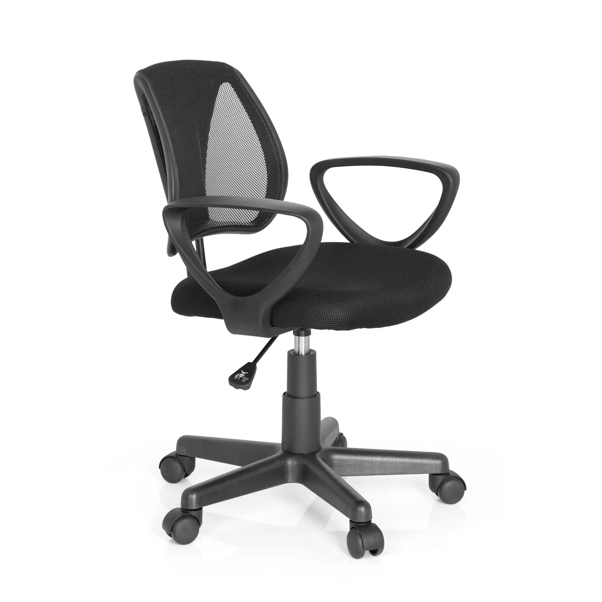Silla giratoria para niños KIDDY CD en color negro con respaldo de malla y base de cinco ruedas de hjh OFFICE – vista de 360° (vista frontal en diagonal 60°)