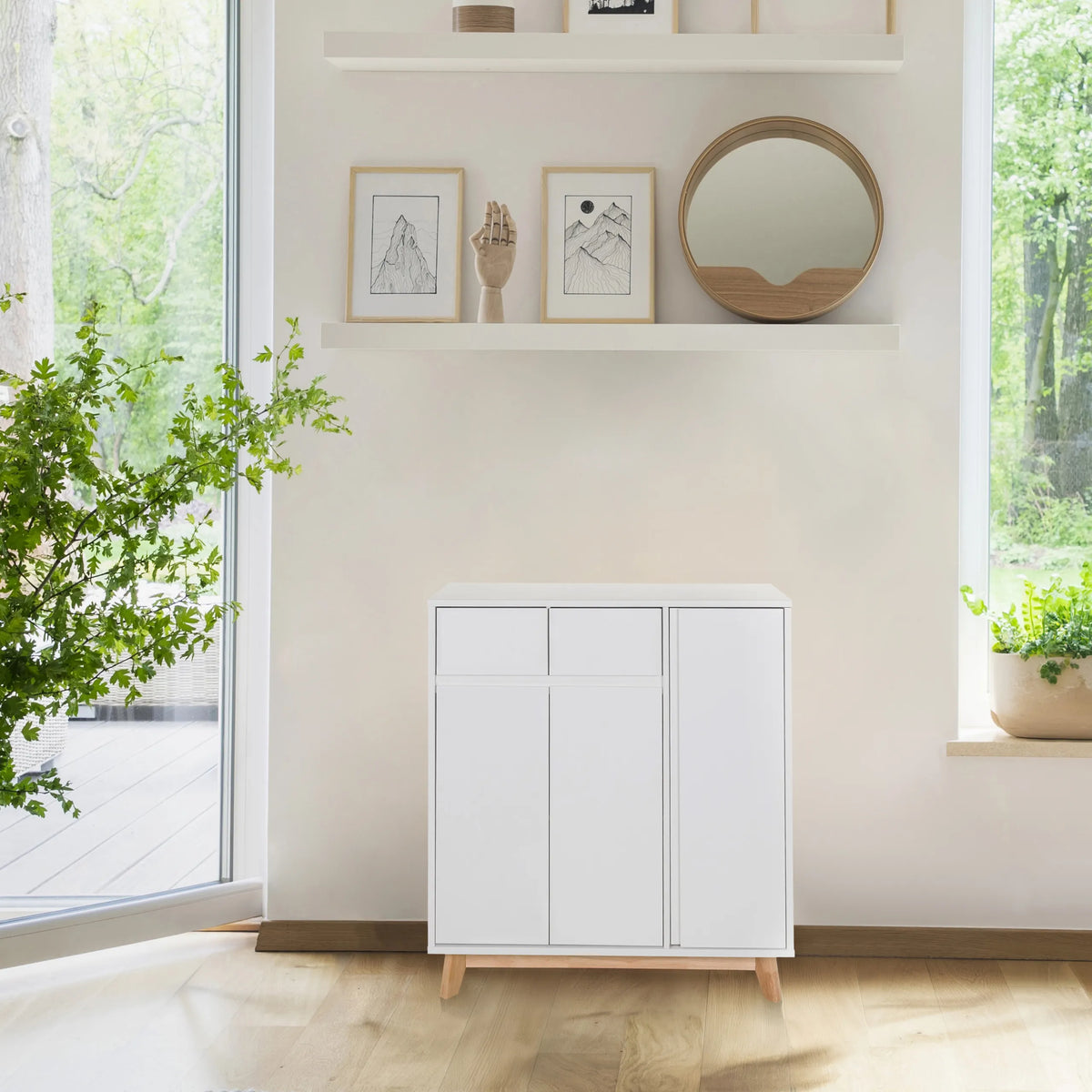 Cómoda blanca ESTHA con dos cajones y dos puertas sobre patas de madera clara de hjh LIVING