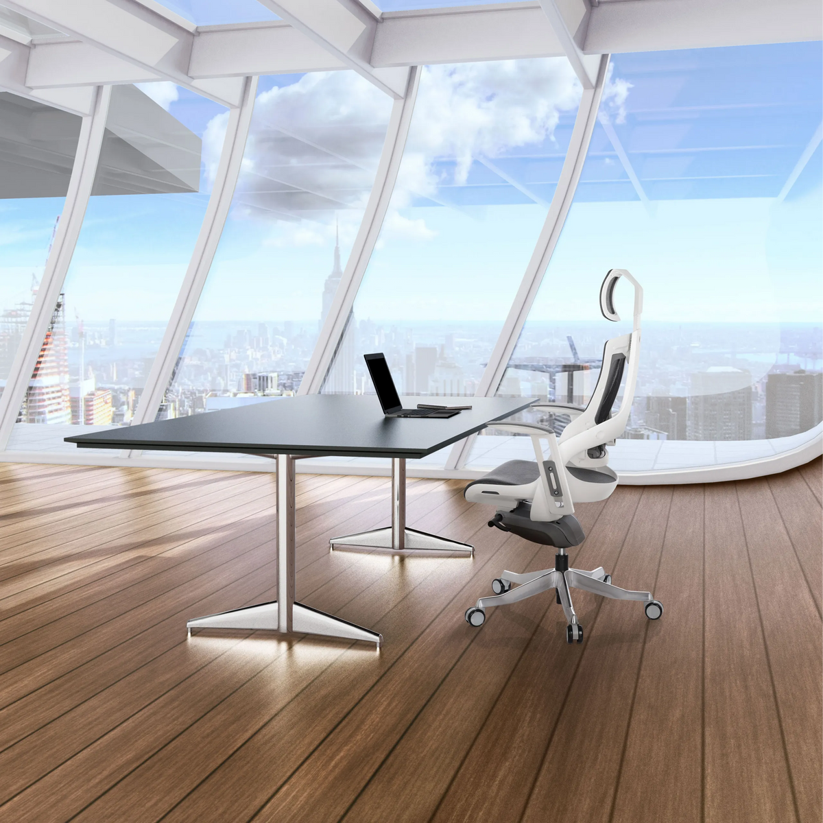 Silla de oficina profesional SPEKTRE gris con estructura blanca en un escritorio de hjh OFFICE