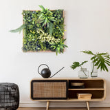 Estera vegetal verde LEAFLUXE WALL 1 con diversos musgos y helechos en un marco de madera de hjh LIVING