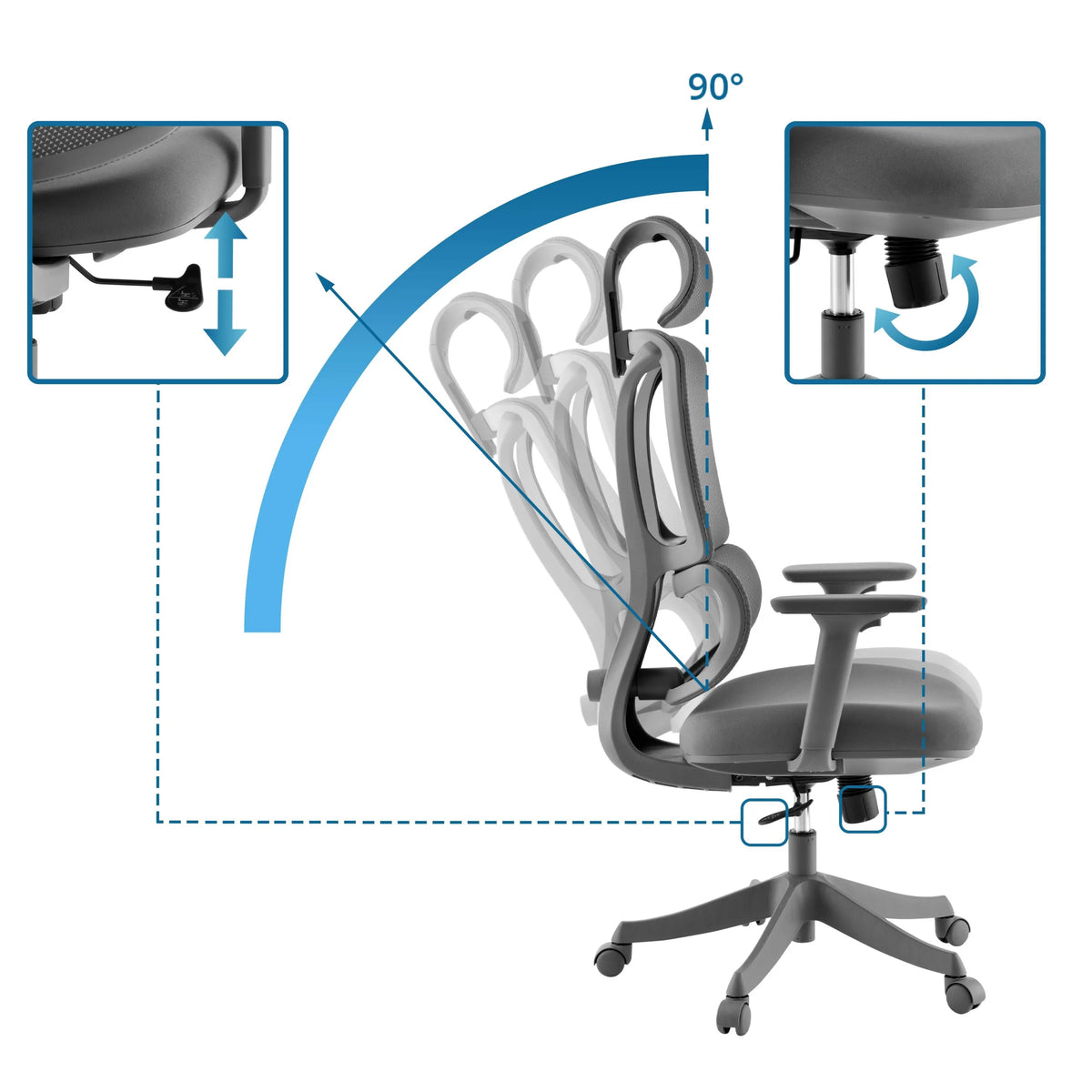 Respaldo ajustable con inclinación de 90 grados y ajuste de altura de la Silla Home Office Ergomy Colore de MyBuero