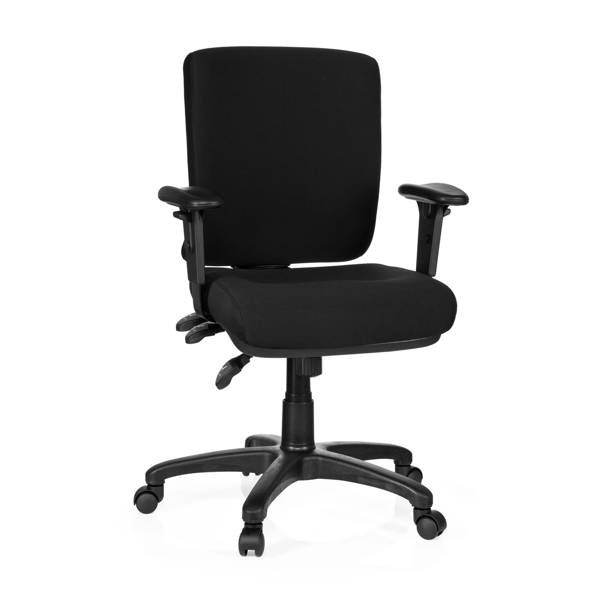 Silla de oficina profesional ZENIT BASE negra con reposabrazos y base de cinco ruedas de hjh OFFICE – vista de 360° (vista frontal 20°)