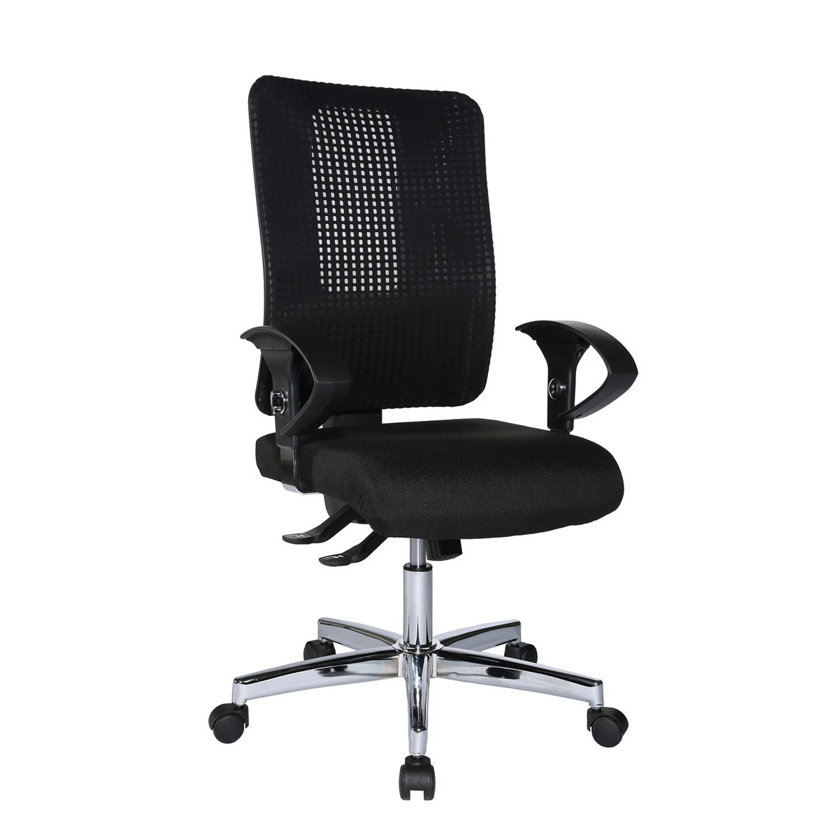 Silla de oficina profesional HJH SITNESS WORK negra con respaldo de malla, reposabrazos y base de cinco ruedas de Topstar – vista de 360° (vista frontal en diagonal 60°)