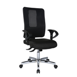 Silla de oficina profesional HJH SITNESS WORK negra con respaldo de malla, reposabrazos y base de cinco ruedas de Topstar – vista de 360° (vista frontal en diagonal 60°)