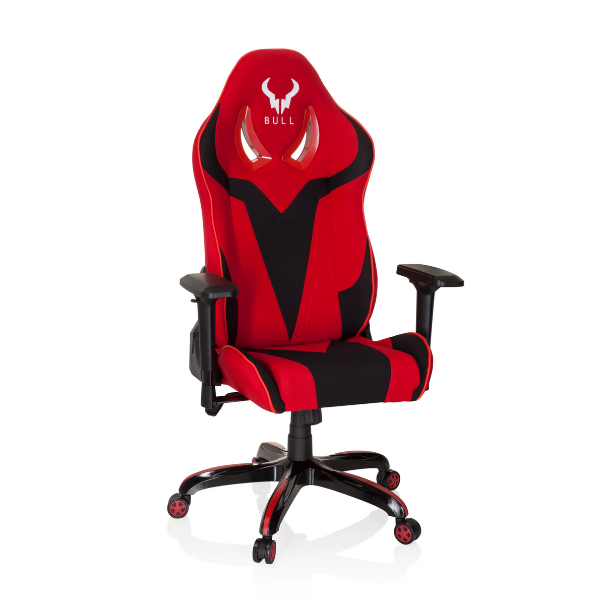 Silla gaming PROMOTER II en rojo y negro con reposabrazos y base de cinco ruedas de hjh OFFICE – vista de 360° (vista frontal 20°)