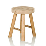 Taburete RUSTIKO W marrón de madera con asiento redondo y travesaños de hjh LIVING – vista de 360° (vista frontal en diagonal 45°)