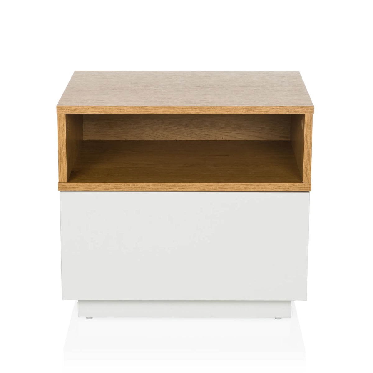 Mesa auxiliar MELMO blanca con un estante efecto roble de hjh LIVING – vista de 360° (vista frontal 0°)