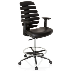Silla de mostrador ERGO LINE II WORK negra con tapizado de cuero sintético, reposapiés y ruedas de hjh OFFICE