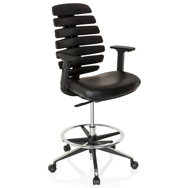 Silla de mostrador ERGO LINE II WORK negra con tapizado de cuero sintético, reposapiés y ruedas de hjh OFFICE