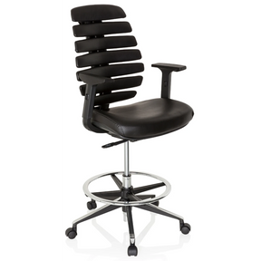 Silla de mostrador ERGO LINE II WORK negra con tapizado de cuero, reposapiés y ruedas de hjh OFFICE