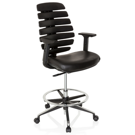 Silla de mostrador ERGO LINE II WORK negra con tapizado de cuero, reposapiés y ruedas de hjh OFFICE