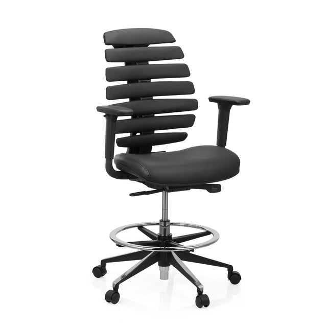 Silla de mostrador ERGO LINE II WORK negra con tapizado de cuero, reposapiés y ruedas de hjh OFFICE