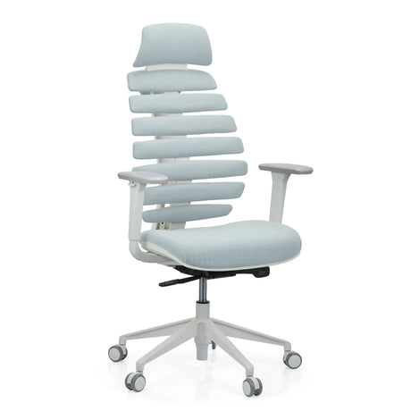 Silla de oficina profesional ERGO LINE W con tapicería de tela gris, respaldo segmentado y estructura blanca de hjh OFFICE