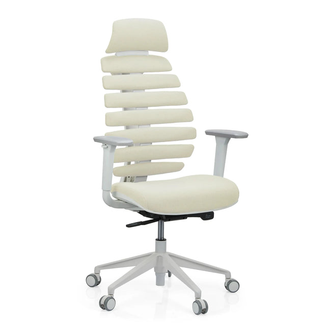 Silla de oficina profesional ERGO LINE W en Salted Caramel con tapicería de tela beige y estructura blanca de hjh OFFICE