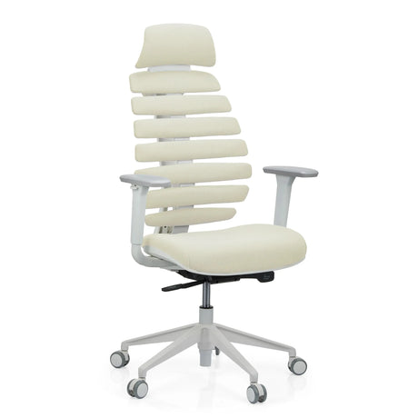 Silla de oficina profesional ERGO LINE W en Salted Caramel con tapicería de tela beige y estructura blanca de hjh OFFICE
