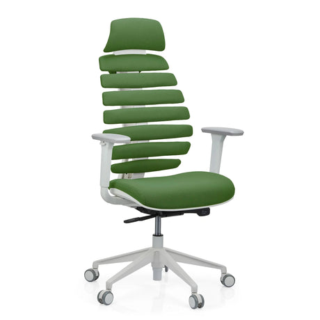 Silla de oficina profesional ERGO LINE W con tapicería de tela verde y estructura blanca de hjh OFFICE