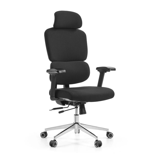 Silla de oficina profesional Ergomy F 2 con tapizado de tela negra y base cromada de hjh OFFICE