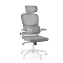 Silla Home Office ERGOMY FLEX gris con respaldo de malla, reposacabezas y estructura blanca de MyBuero