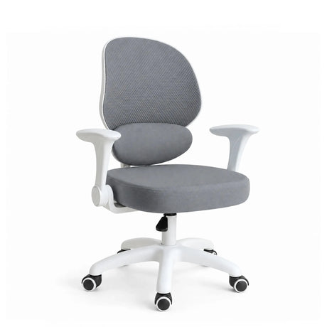 Silla giratoria para niños Ergomy Kid en gris con estructura blanca, reposabrazos y cinco ruedas de hjh OFFICE