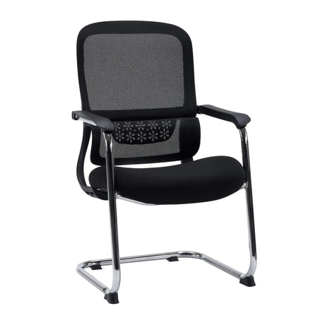 Silla de viga voladiza Ergomy Meet negra con respaldo de malla y estructura de patín cromada de hjh OFFICE