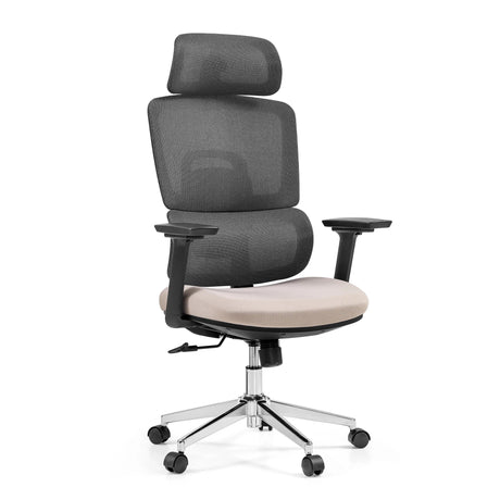 Silla de oficina profesional Ergomy Pro con respaldo de malla gris oscuro, asiento de tela beige y reposacabezas de hjh OFFICE