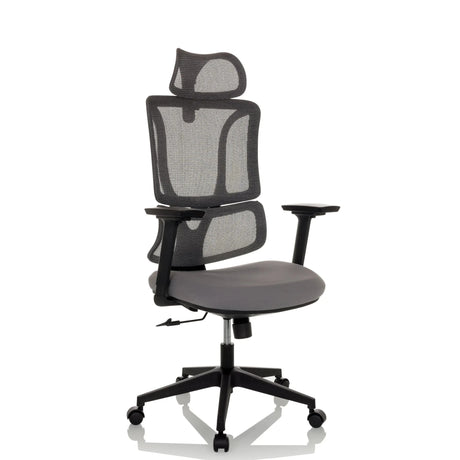 Silla Home Office ERGOMY con malla gris, estructura negra y reposacabezas de MyBuero