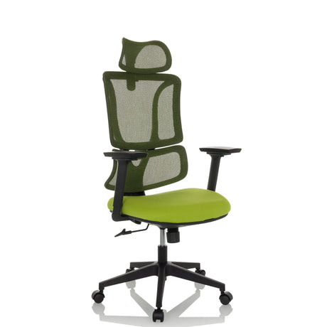 Silla Home Office ERGOMY con asiento de tela verde, respaldo de malla y estructura negra de MyBuero