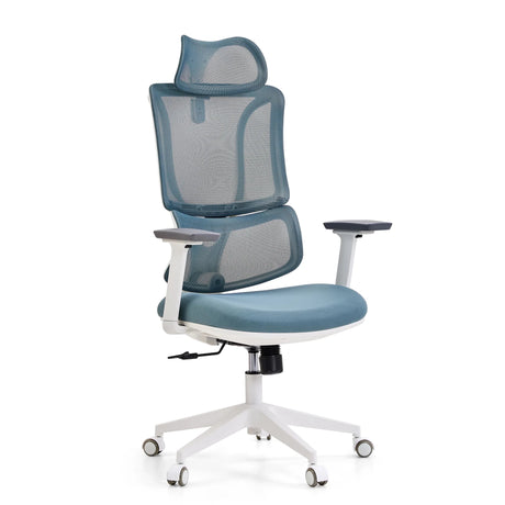 Silla de oficina profesional ERGOMY W con malla azul, estructura blanca y reposacabezas de MyBuero