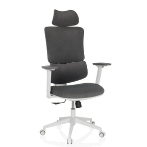 Silla Home Office ERGOMY WF con tapizado de tela gris y estructura blanca de MyBuero