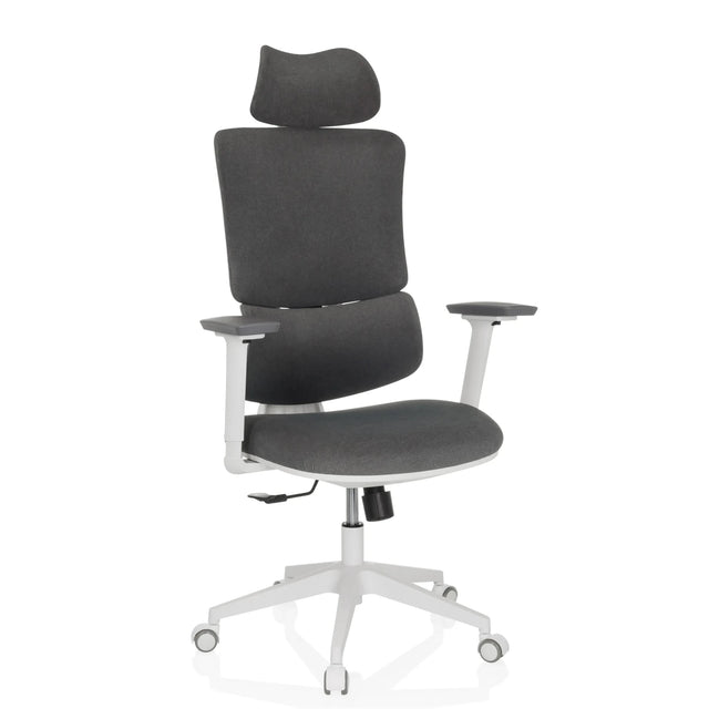 Silla Home Office ERGOMY WF con tapizado de tela gris y estructura blanca de MyBuero