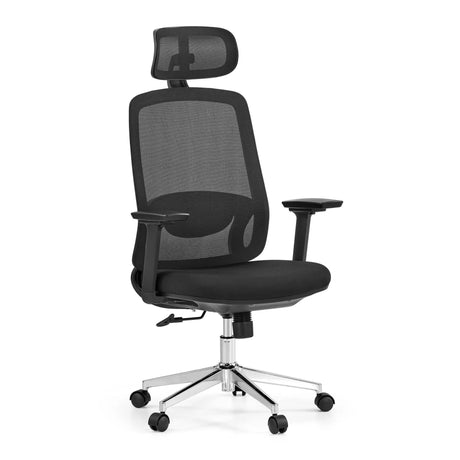Silla de oficina profesional Ergosento en negro con respaldo de malla, reposacabezas y base brillante de hjh OFFICE