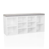 Armario zapatero ESTHA 10 blanco con cojín de asiento gris y varios estantes abiertos de hjh LIVING