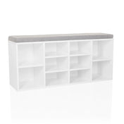 Armario zapatero ESTHA 10 blanco con cojín de asiento gris y varios estantes abiertos de hjh LIVING