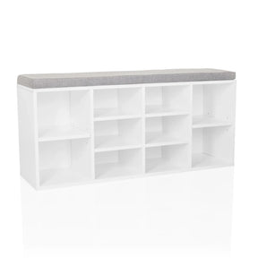 Armario zapatero ESTHA 10 blanco con cojín de asiento gris y varios estantes abiertos de hjh LIVING