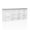 Armario zapatero ESTHA 10 blanco con cojín de asiento gris y varios estantes abiertos de hjh LIVING