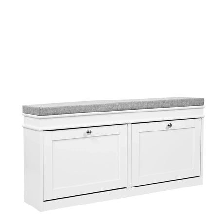 Armario zapatero blanco Estha 11 con asiento gris y dos compartimentos abatibles de hjh LIVING