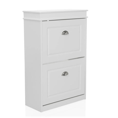 Armario zapatero ESTHA 2 blanco con dos puertas abatibles y tiradores de concha plateados de hjh LIVING