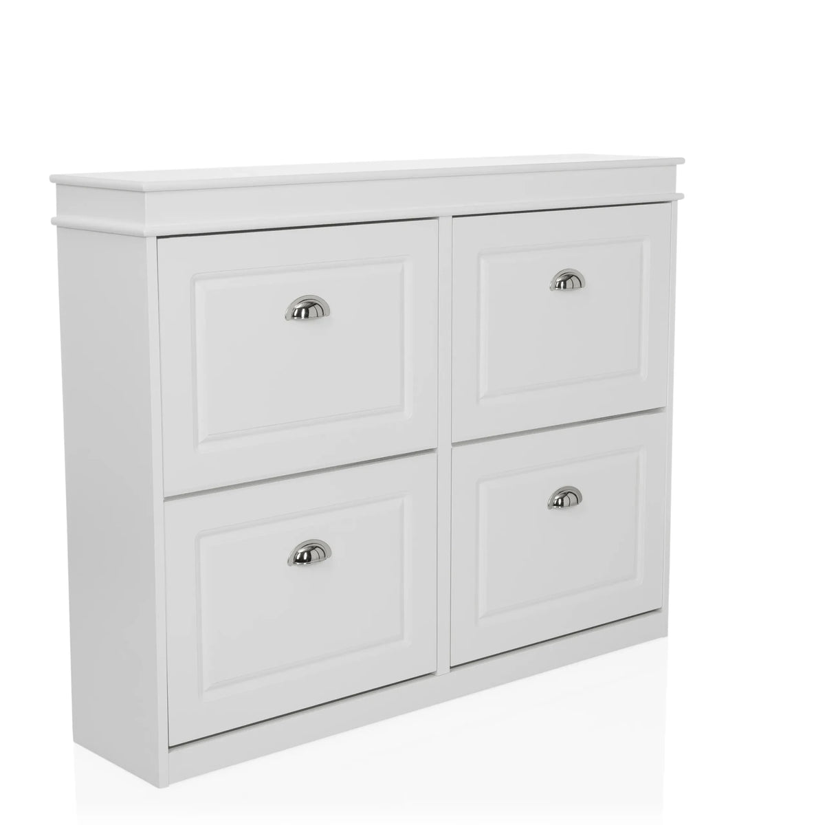 Armario zapatero blanco ESTHA 4 con cuatro compartimentos abatibles y tiradores plateados de hjh LIVING