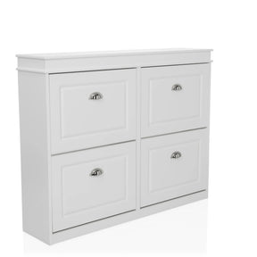 Armario zapatero blanco ESTHA 4 con cuatro compartimentos abatibles y tiradores plateados de hjh LIVING