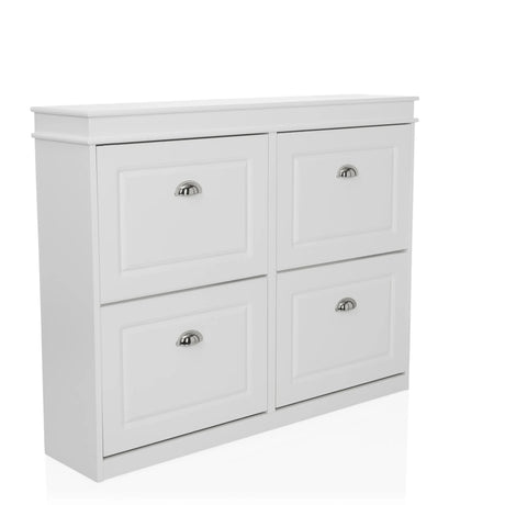 Armario zapatero blanco ESTHA 4 con cuatro compartimentos abatibles y tiradores plateados de hjh LIVING