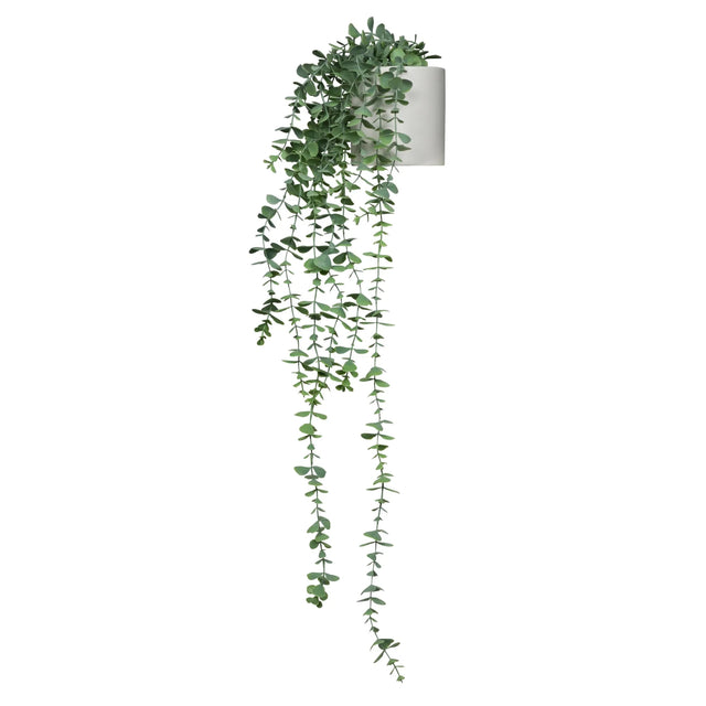 Planta artificial verde EUCALYPTUS CLIMB con hojas colgantes en una maceta blanca de hjh OFFICE