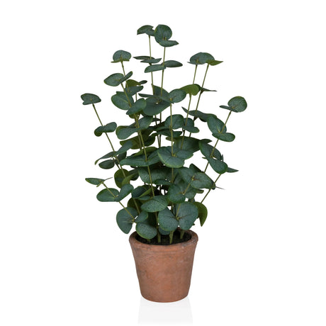 Planta artificial Eucalyptus de color verde con hojas redondas en una maceta de barro marrón de hjh OFFICE