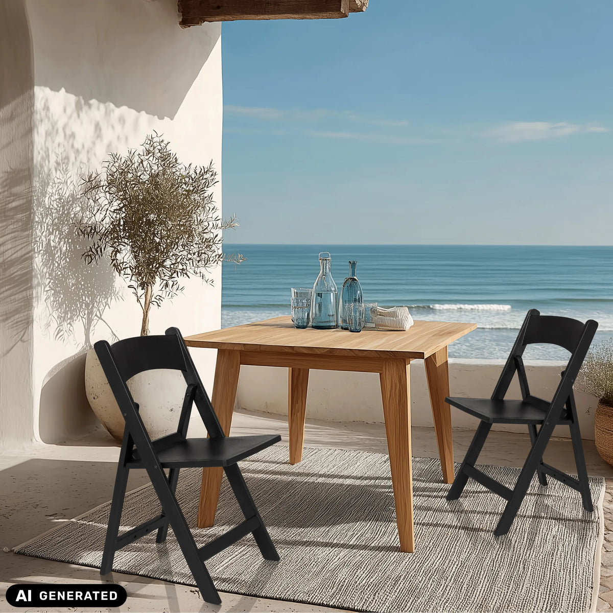 Dos sillas de exterior TRAVANO 1 negras en una mesa de madera en una terraza de hjh LIVING (imagen generada por IA)