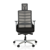 Silla alta gama SKARIF en color negro gris con respaldo de malla y base de cinco ruedas de hjh OFFICE – vista de 360° (vista frontal 0°)