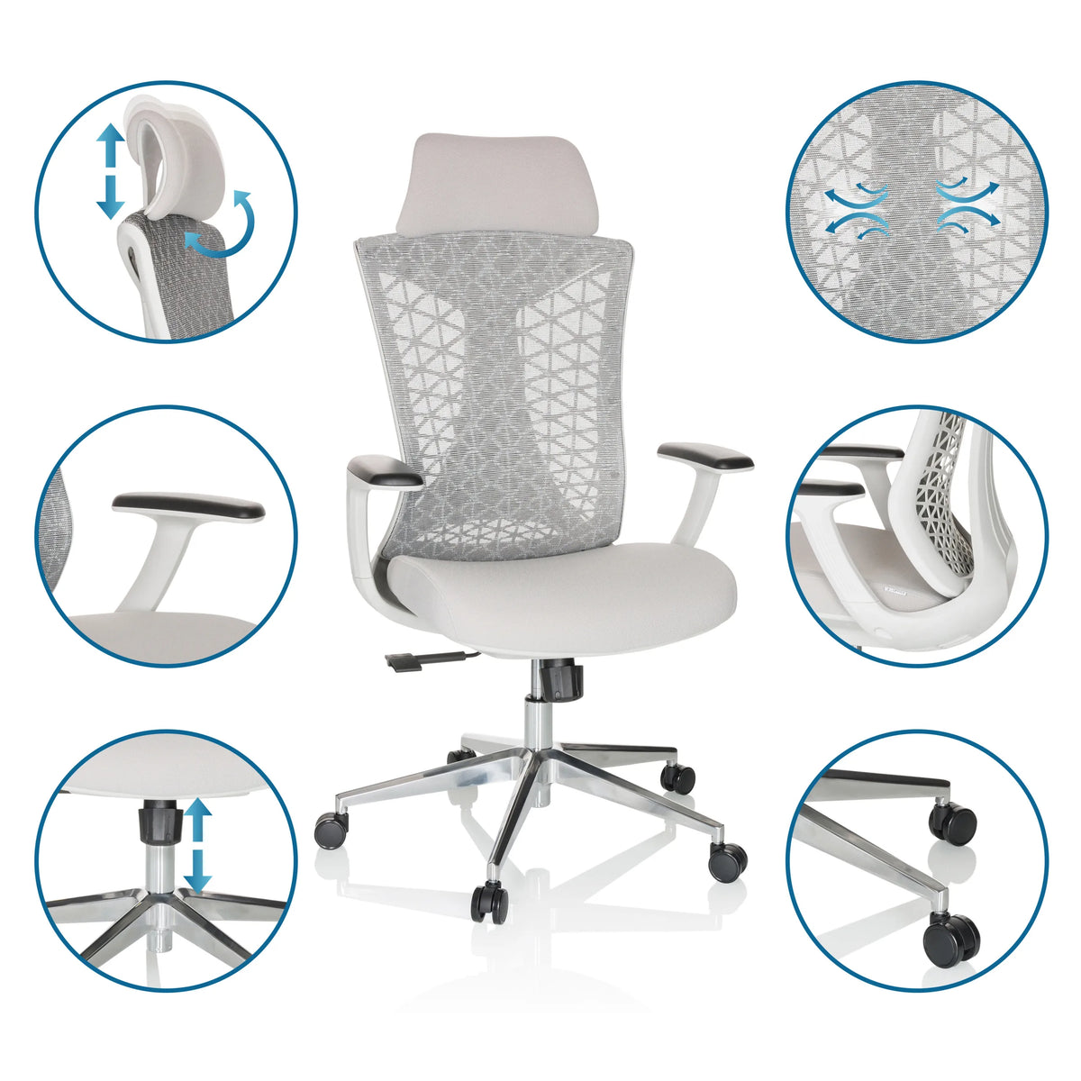 Silla de oficina profesional FALEO W blanca con respaldo de malla, reposabrazos ajustables y ruedas de hjh OFFICE